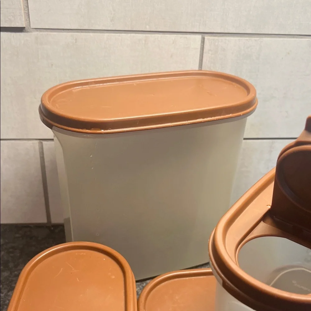 Set of 4 Vintage Tupperware Stackable Modular Mates. Brown lids. Exc condition